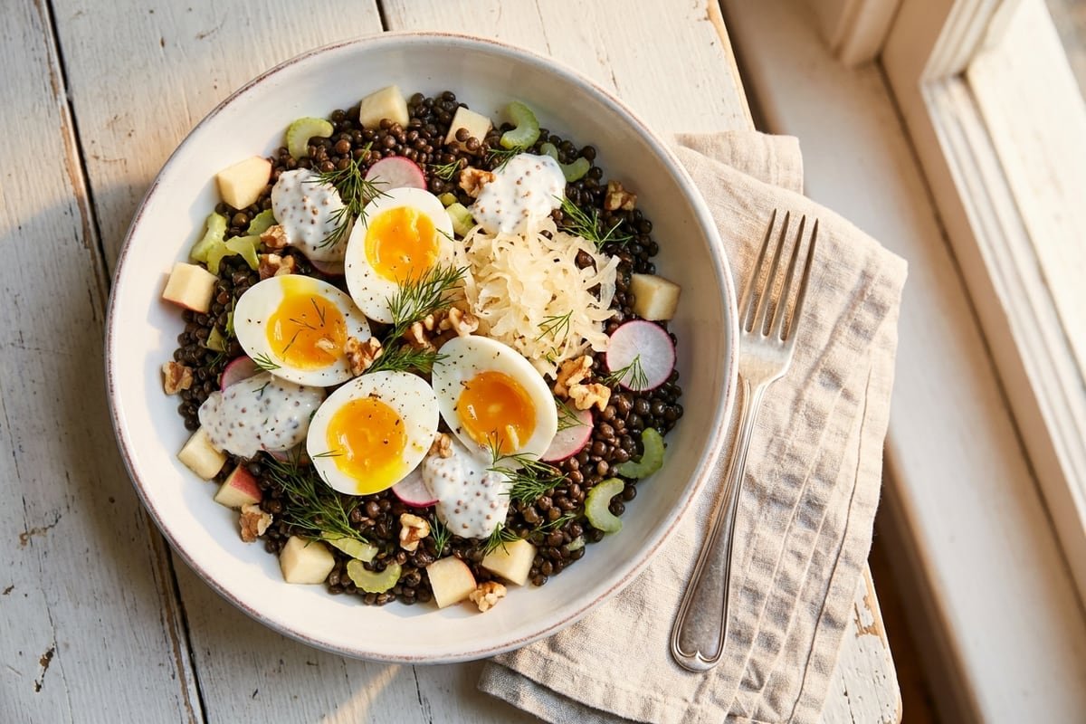 Warm lentil, sauerkraut & egg salad with kefir dressing
