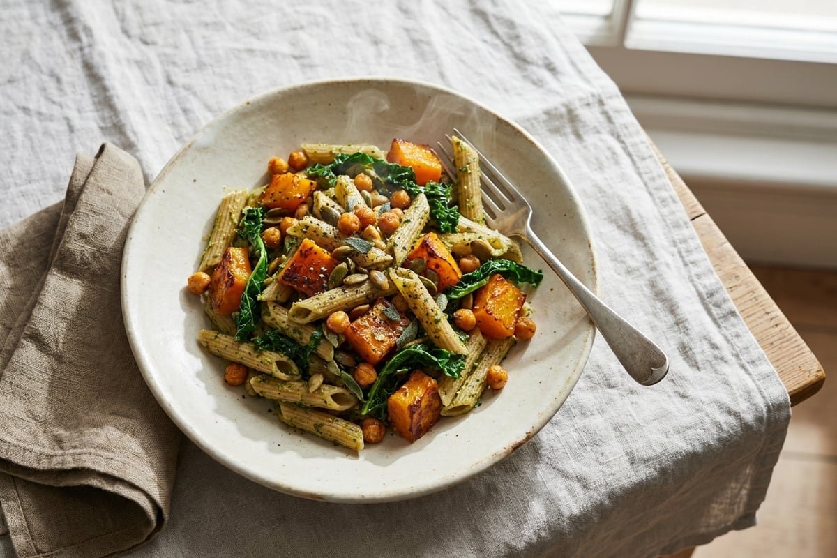 Squash & chickpea pasta with pumpkin-seed pesto