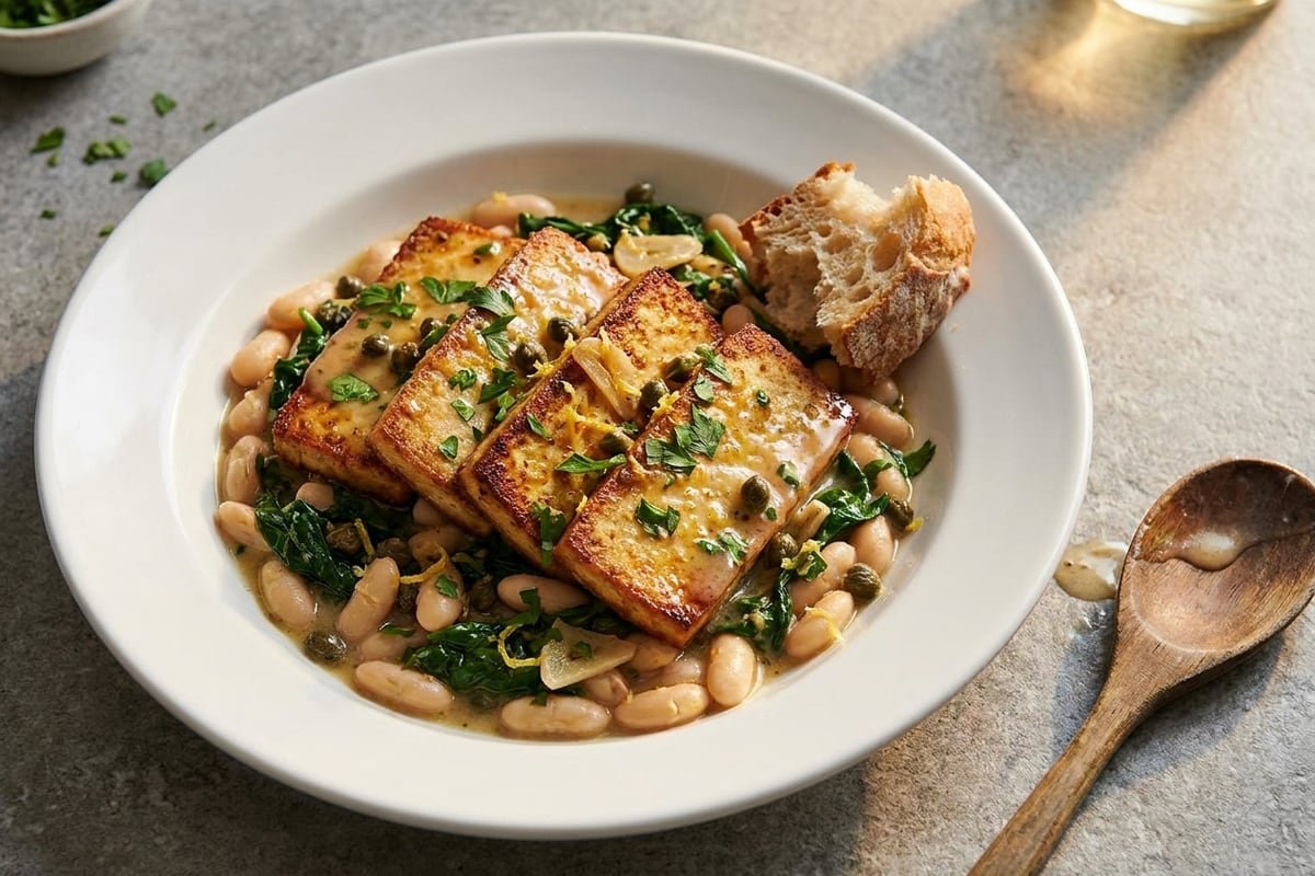 Crispy tofu piccata with lemon, capers & cannellini beans