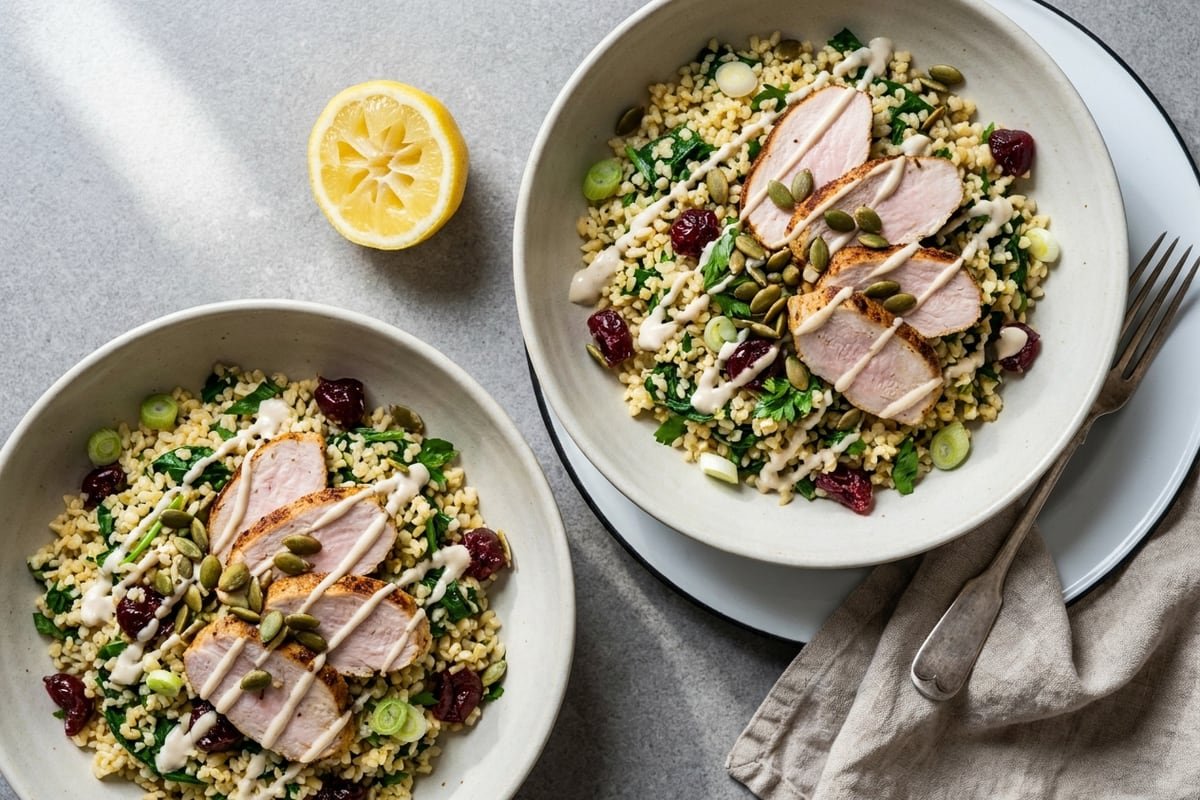 Turkey, sour cherry & spinach bulgur bowls