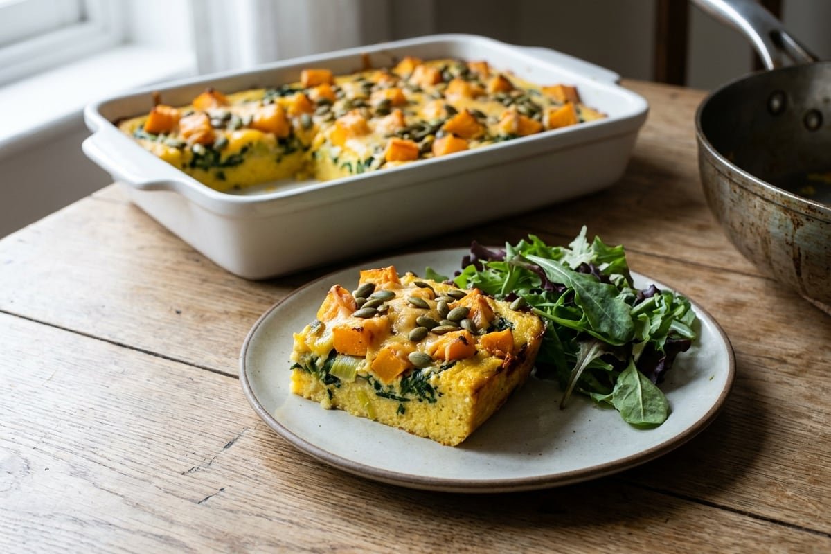 Roast squash & spinach polenta bake with cottage cheese