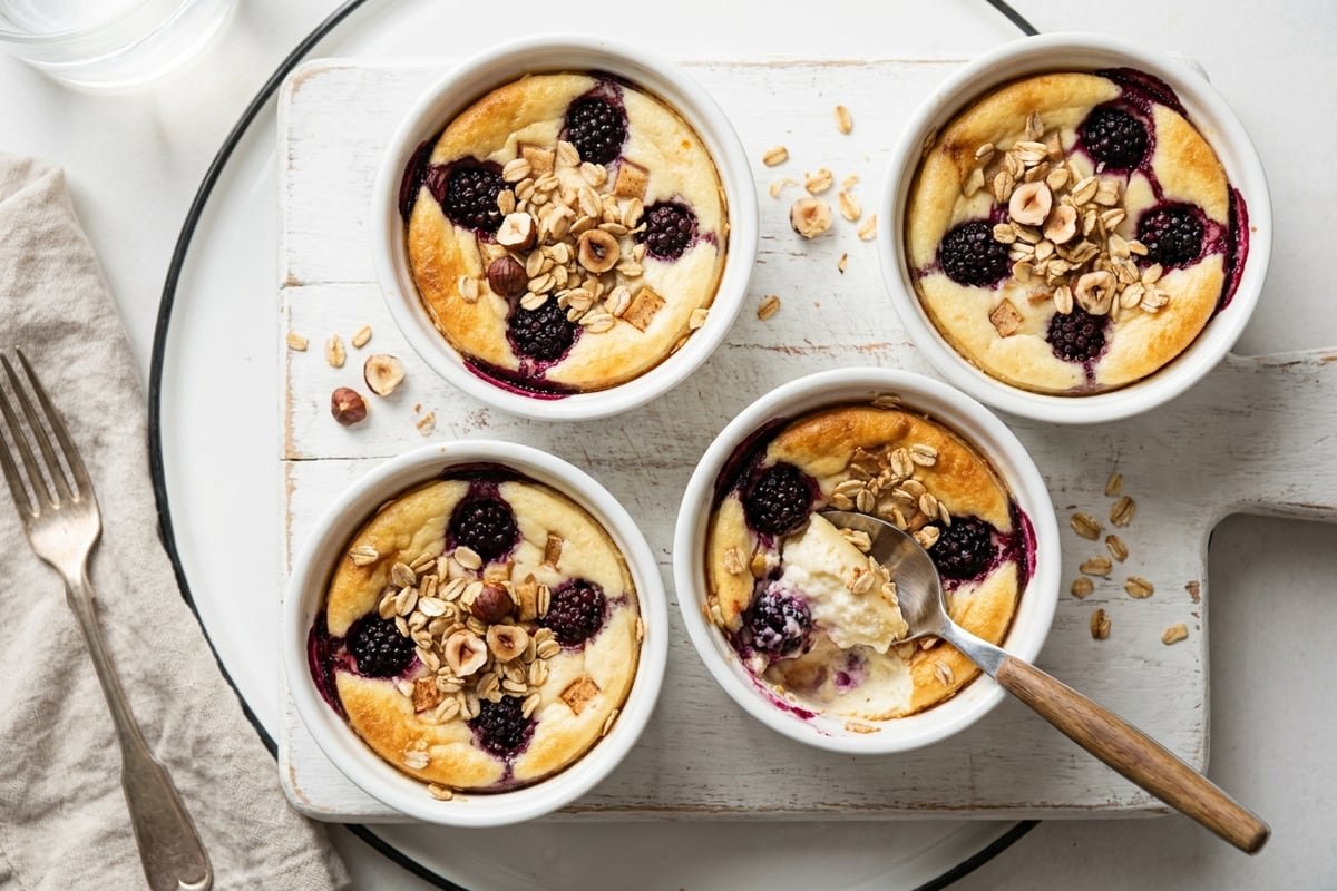 Baked ricotta pots with blackberries & cinnamon apple