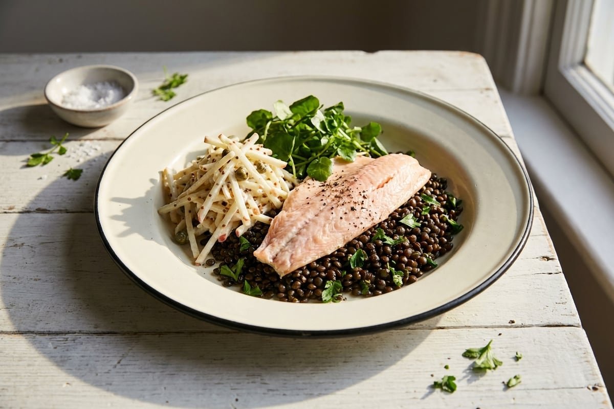 Baked trout, celeriac & apple remoulade with lentils