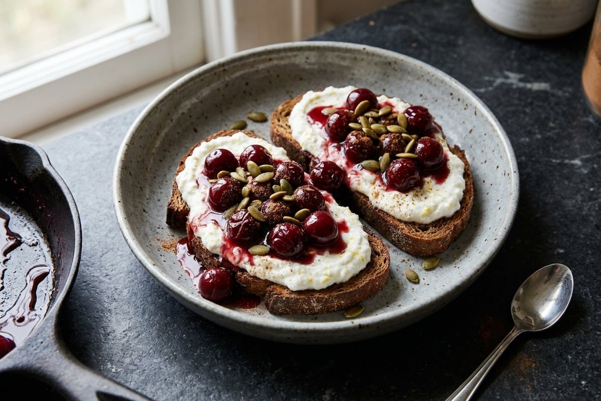 Whipped cottage cheese & warm cherry toasts