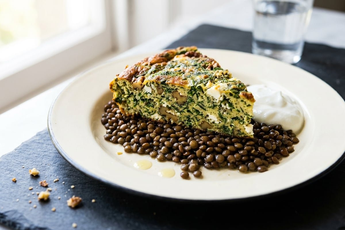 Persian herb & walnut kuku with lemony Puy lentils