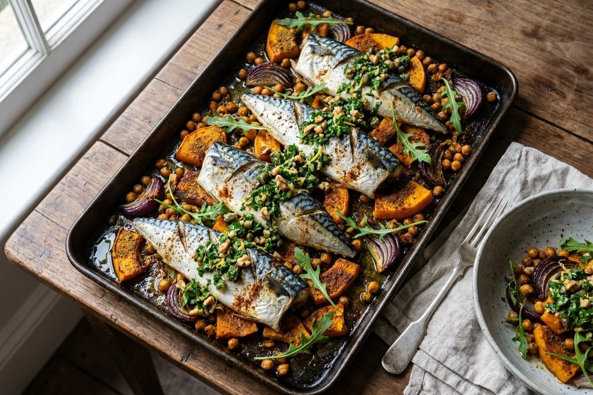 Roast mackerel & squash traybake with walnut salsa