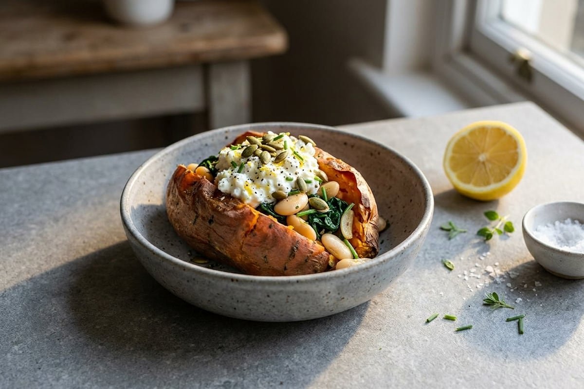 Spinach & butter bean sweet potatoes with cottage cheese