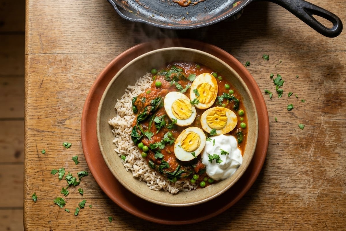 Spinach & pea egg curry with brown basmati rice
