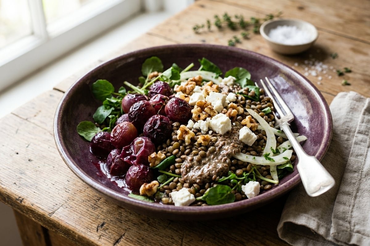 Roast grape, lentil & fennel salad with feta & walnuts