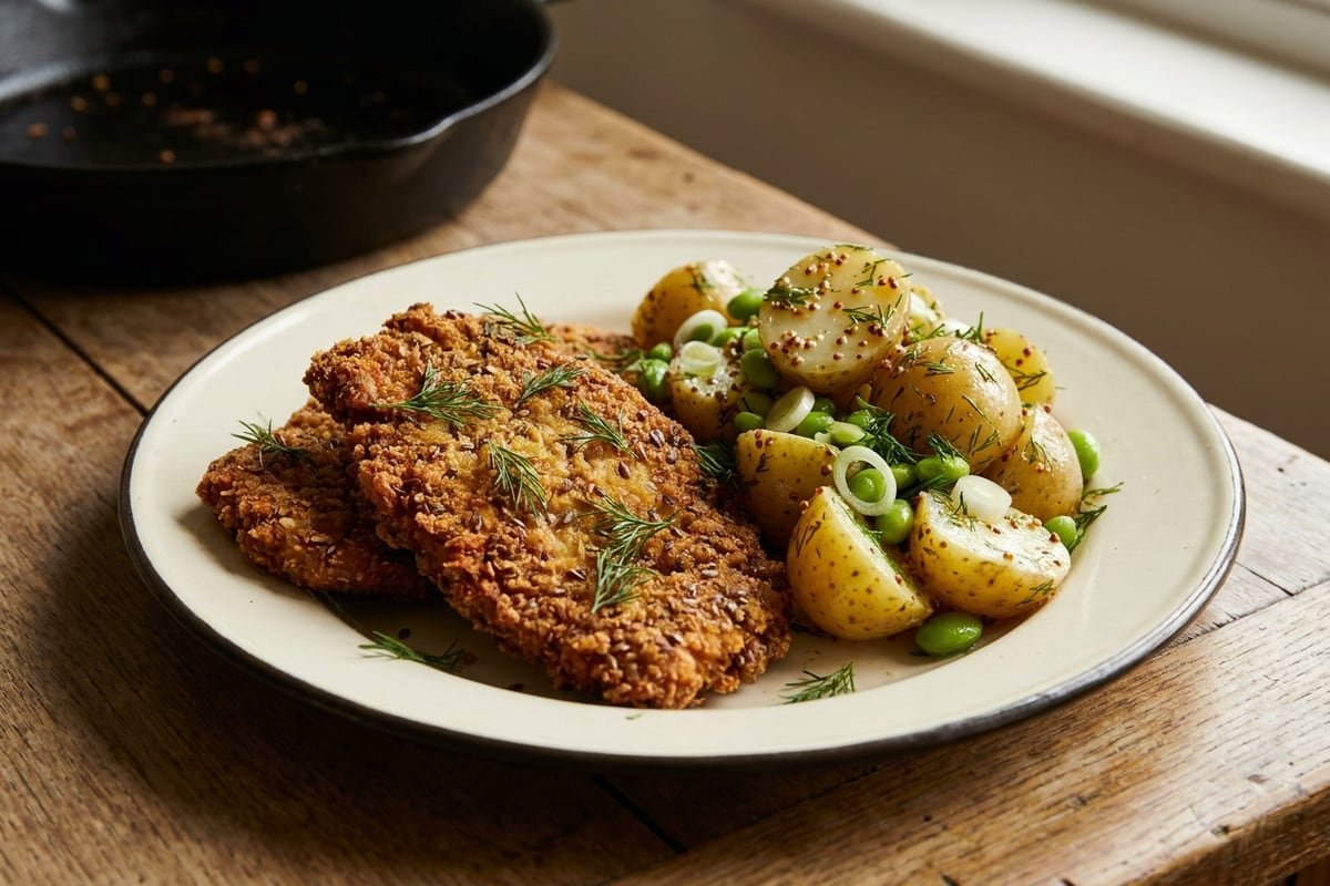 Flax-crumbed tempeh schnitzels & warm mustard potato salad
