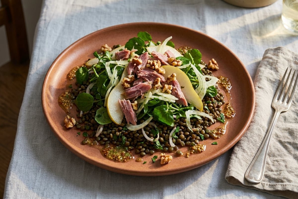 Ham hock, pear & Puy lentil salad with watercress