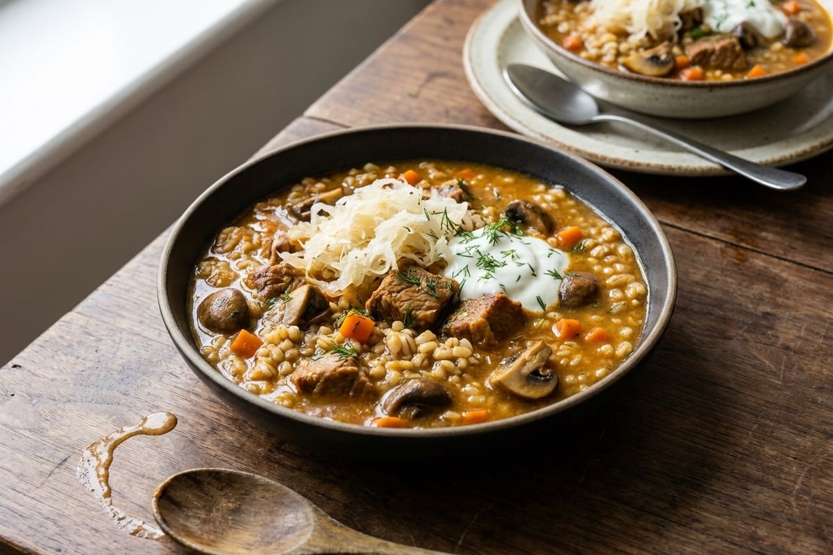 Pork, barley & sauerkraut pot with dill yoghurt