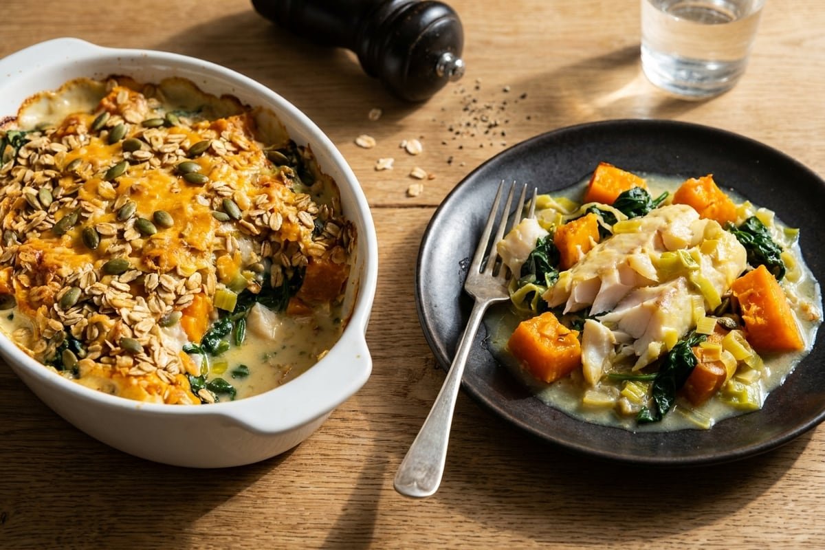 Smoked haddock, pumpkin & spinach gratin with oat crumb