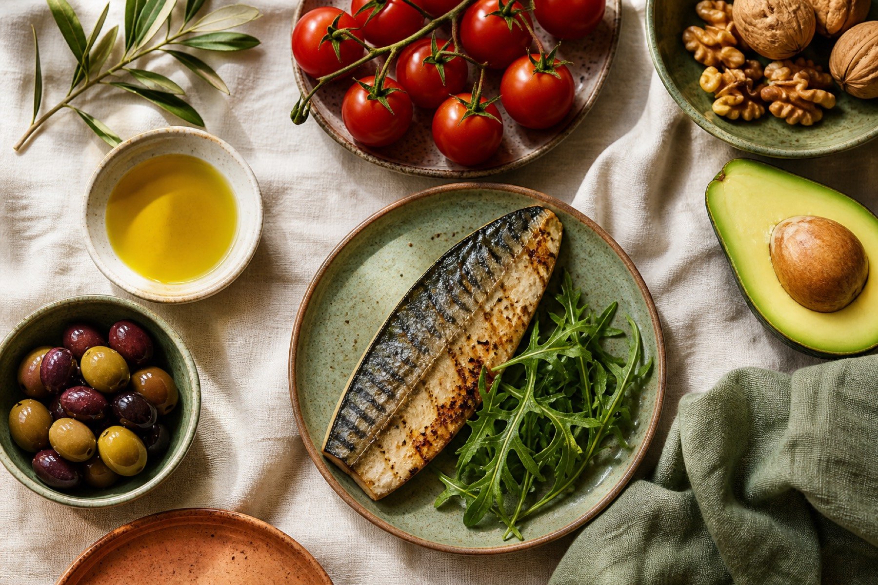 Mediterranean ingredients: olive oil, fish, legumes and vegetables
