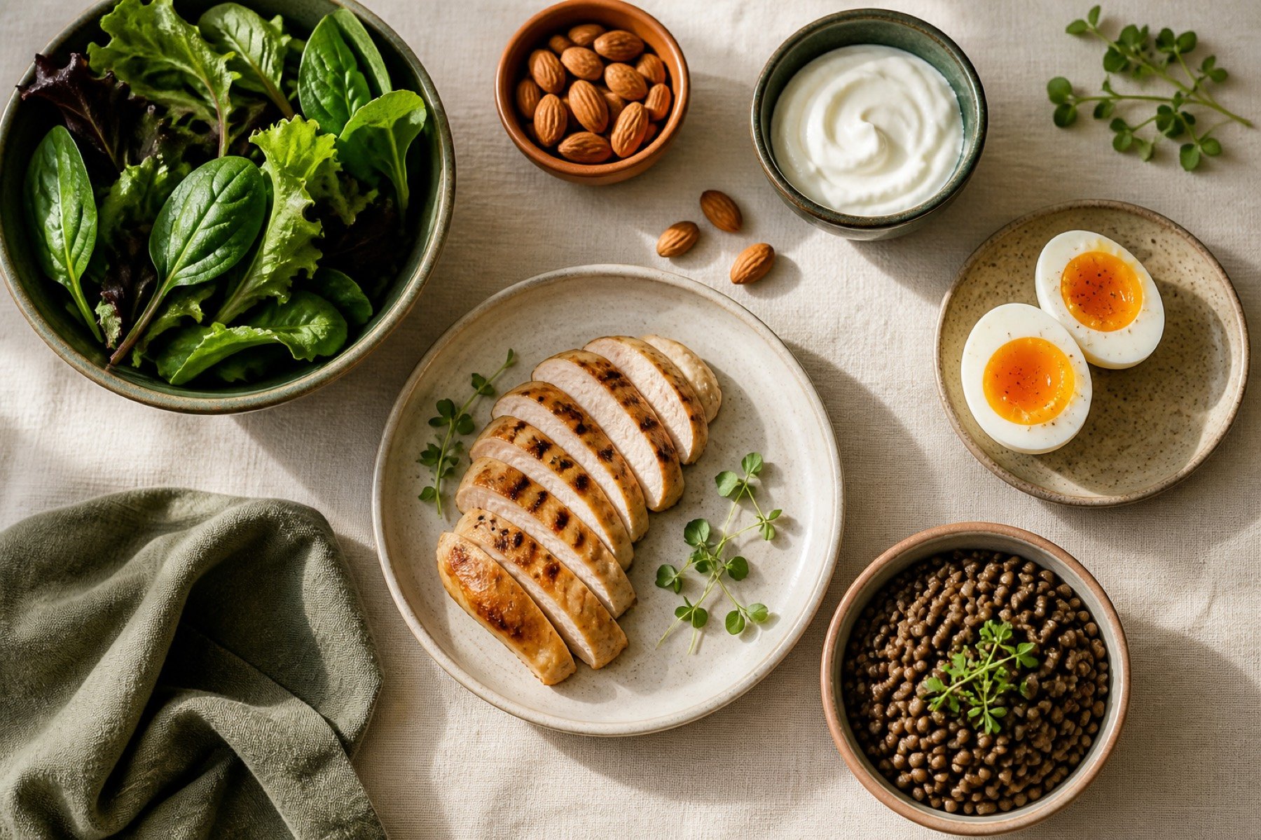 Flat lay of grilled chicken, eggs, yoghurt, lentils and leafy greens
