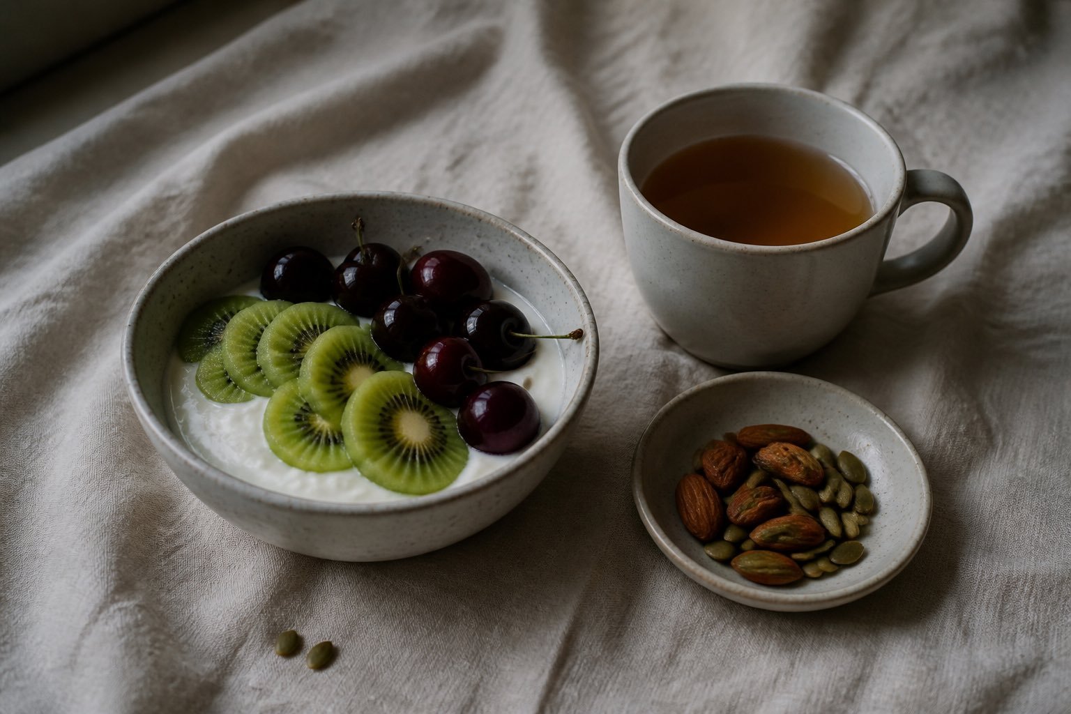 Warm oat porridge with banana, chamomile tea and cherries in evening light