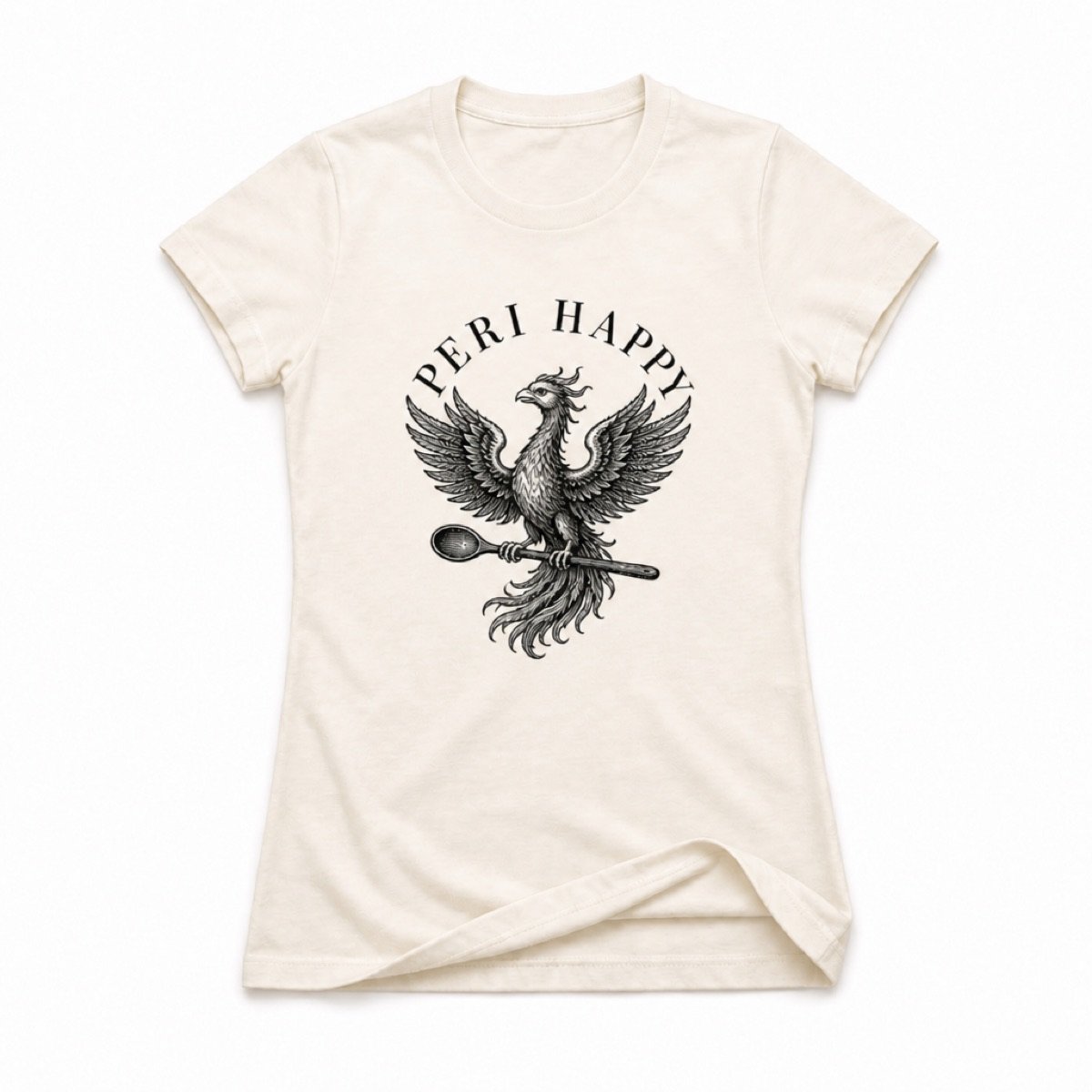 The Phoenix Tee in ecru: a hand-engraved phoenix gripping a wooden spoon, with Peri Happy arched above in serif capitals